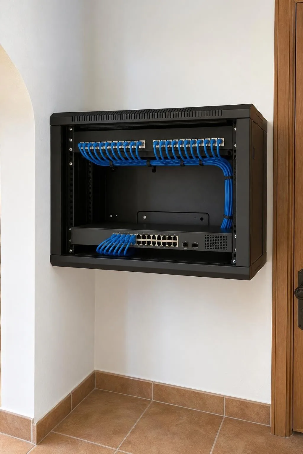 Rack de red con paneles de conexión y cables ordenados