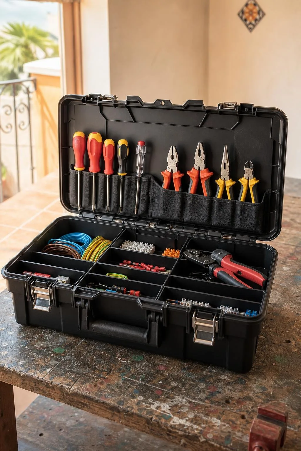 Bolsa de herramientas de electricista junto a un cuadro