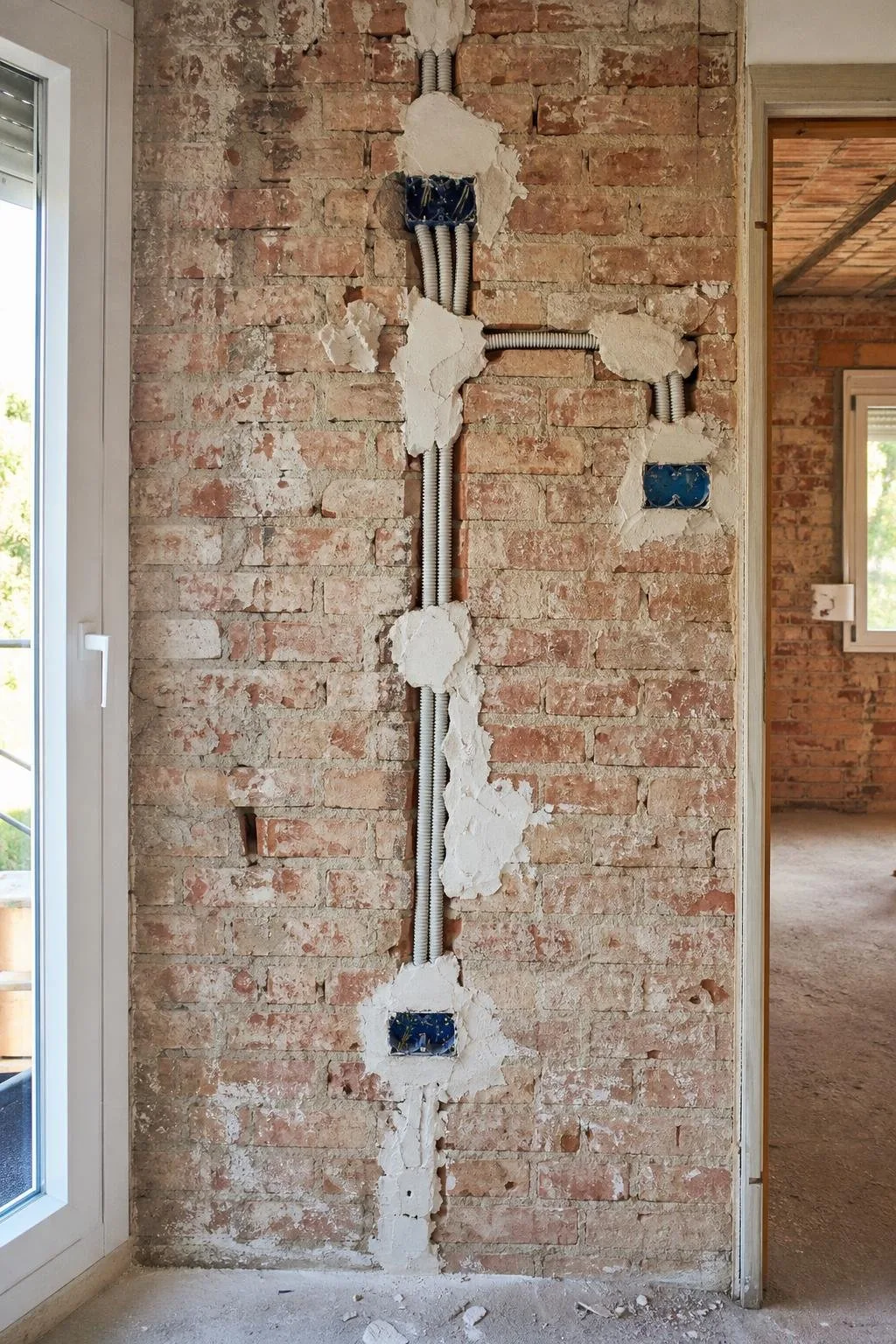 Pared de ladrillo con tubos y cajas de registro nuevos