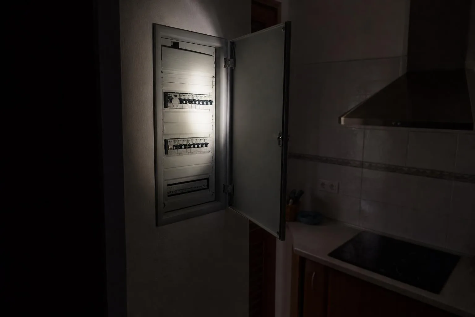 Cuadro eléctrico iluminado con linterna en un pasillo
