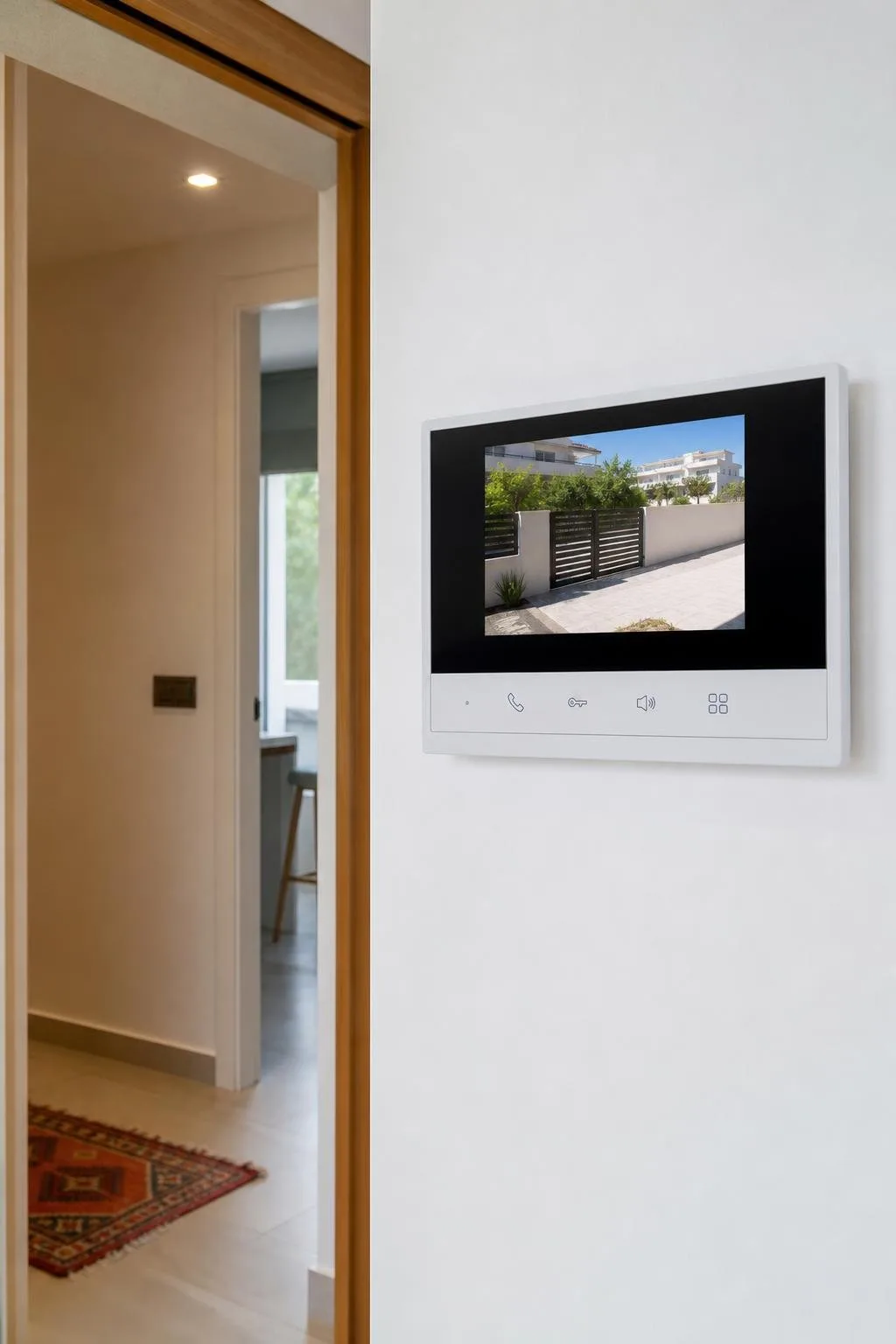 Monitor de videoportero en el recibidor de un piso